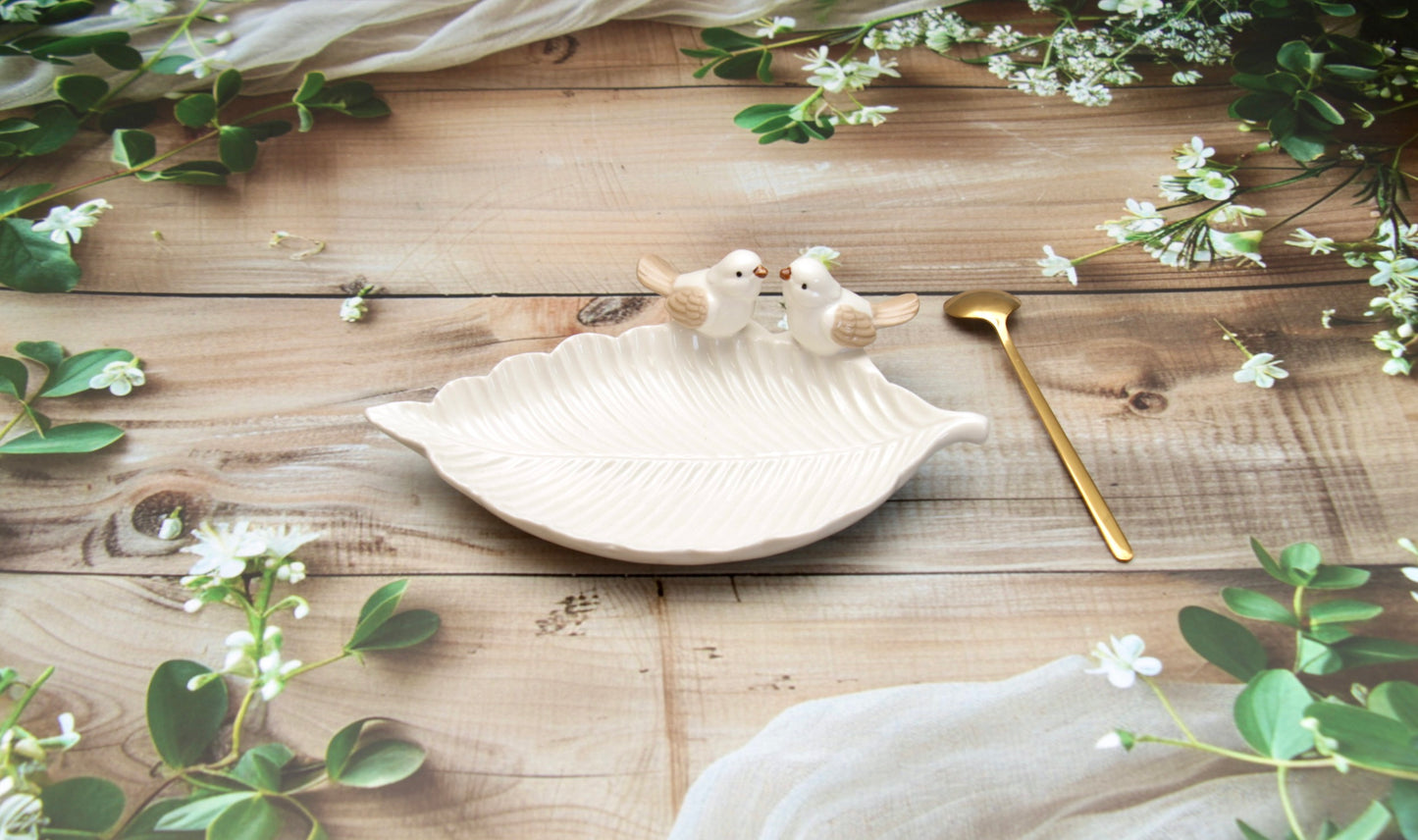 'Bird on a Leaf' Ceramic Dish - White