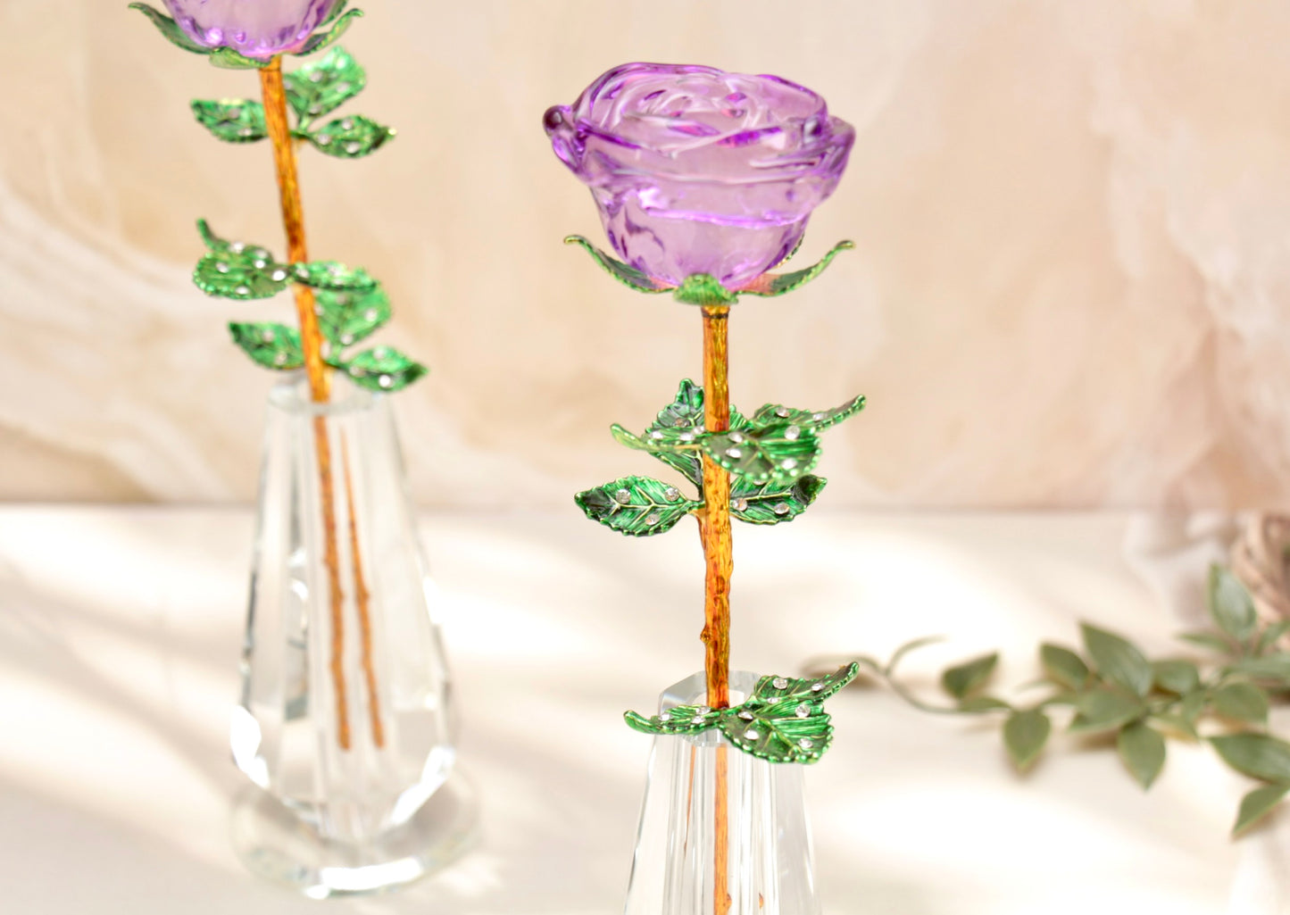 'Primrose' Crystal Rose w Vase - Purple