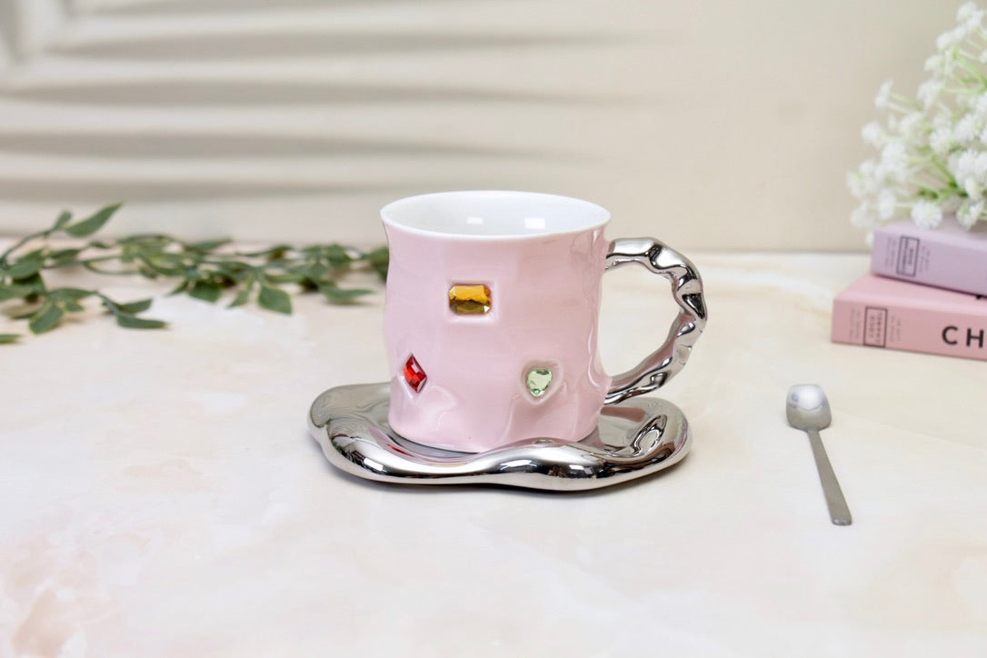 'Crystal' Ceramic Bejewelled Cup n saucer Set - Pink