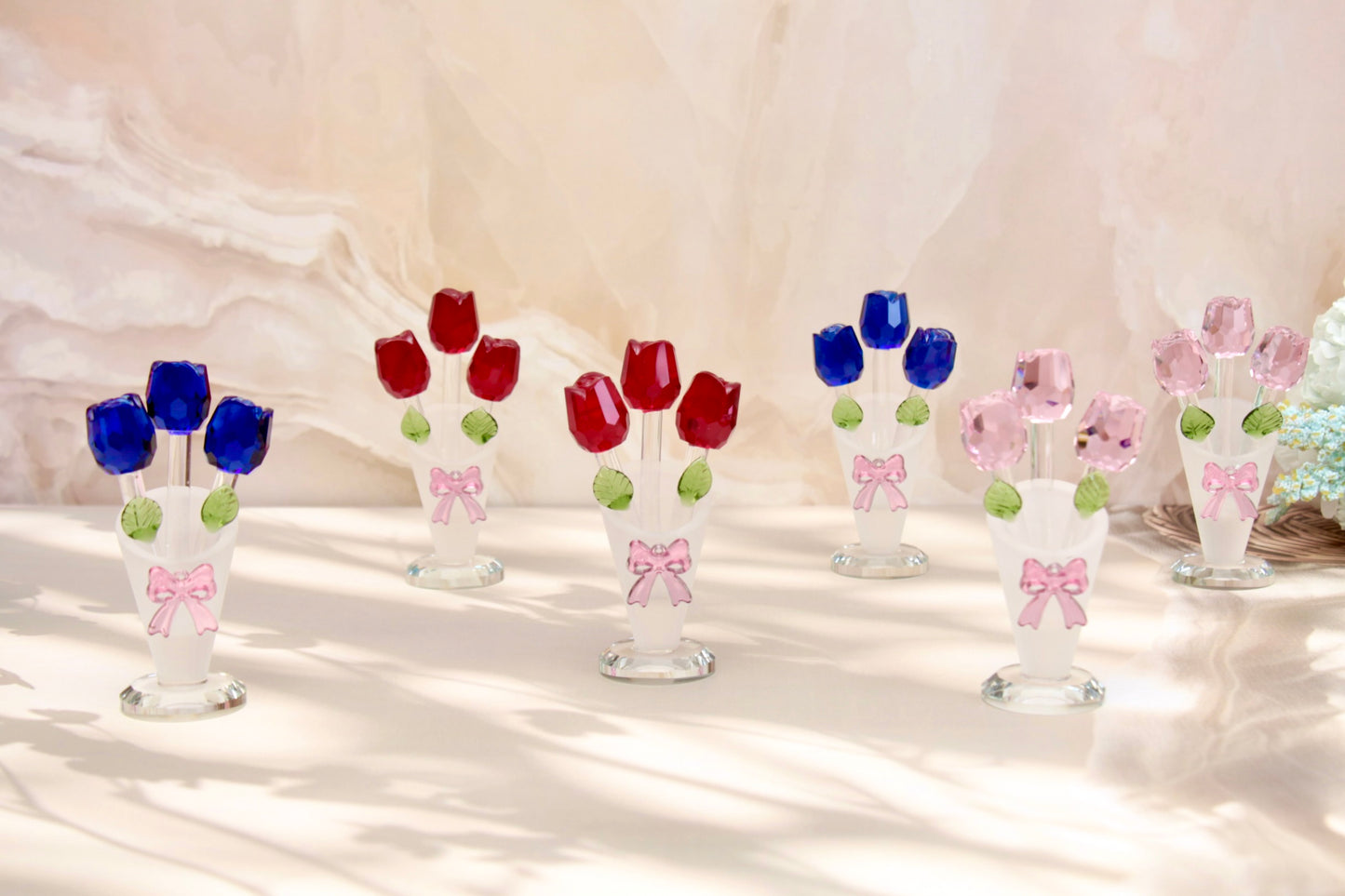 'Serenity' Glass Crystal Three Roses - Pink