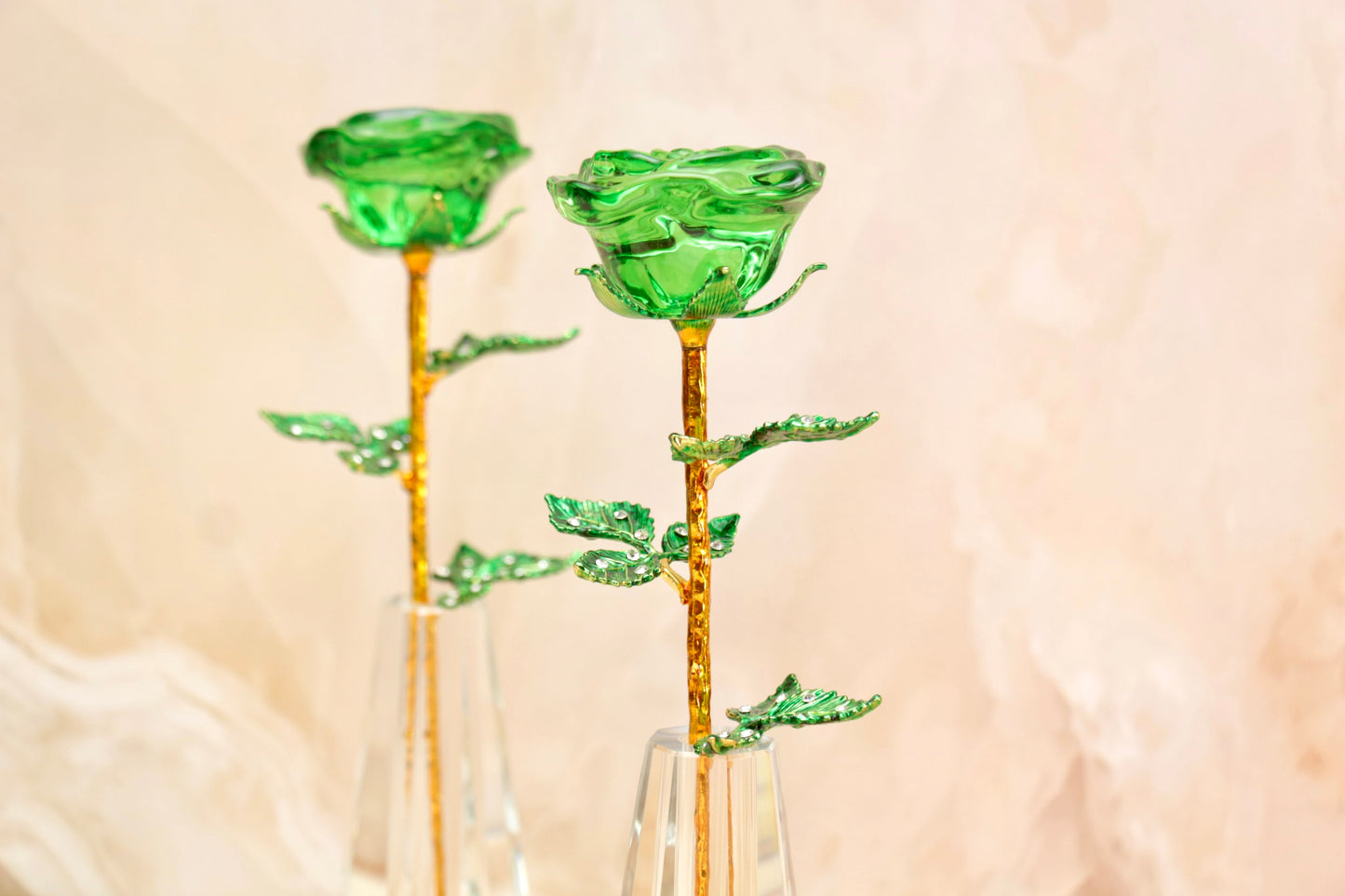 'Primrose' Crystal Rose w Glass Vase - Green