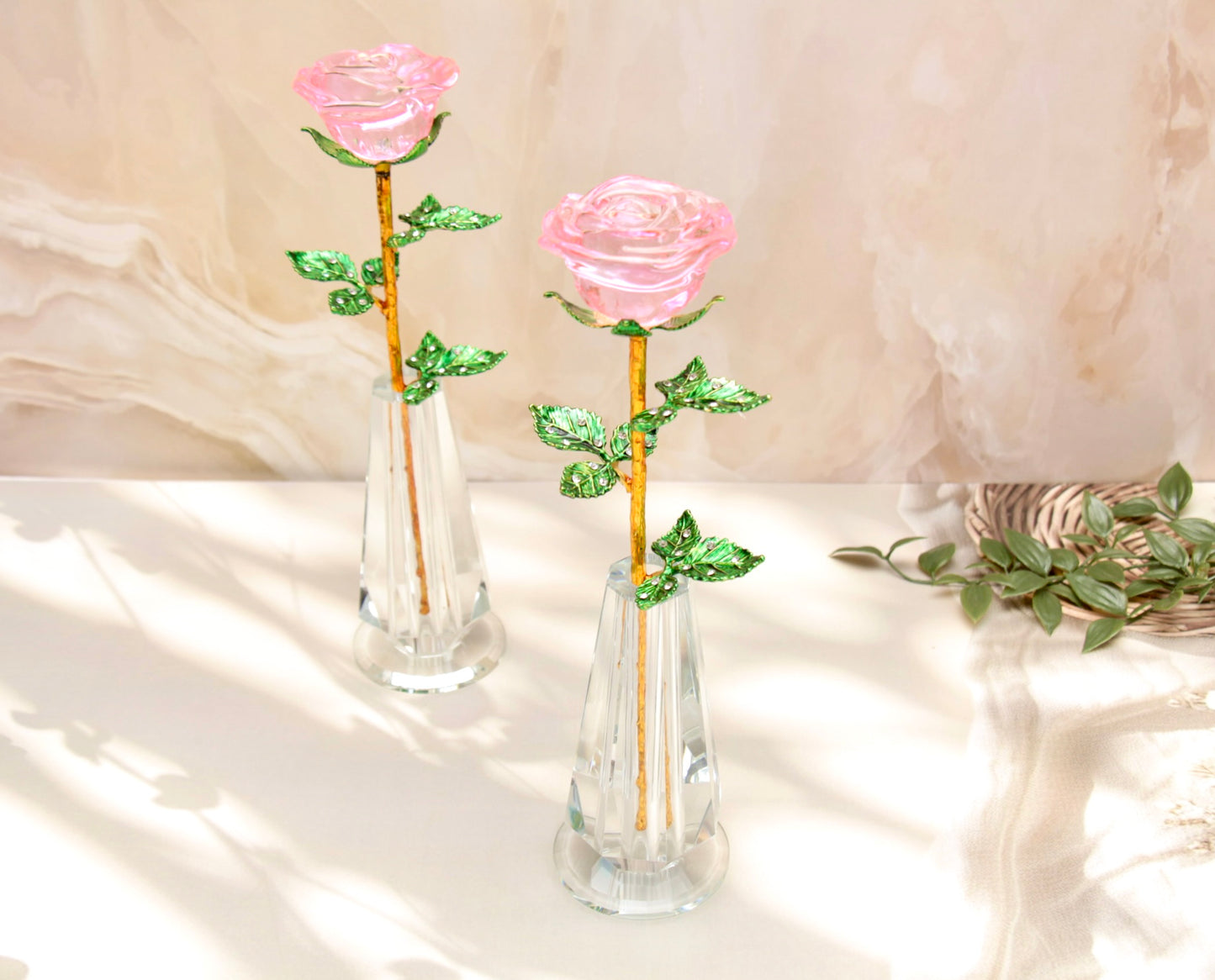 'Primrose' Crystal Rose w Vase - Pink