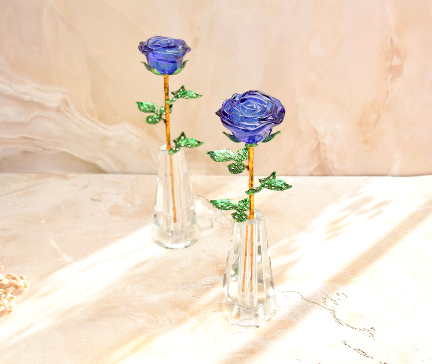 'Primrose' Glass Crystal Rose w Vase - Blue