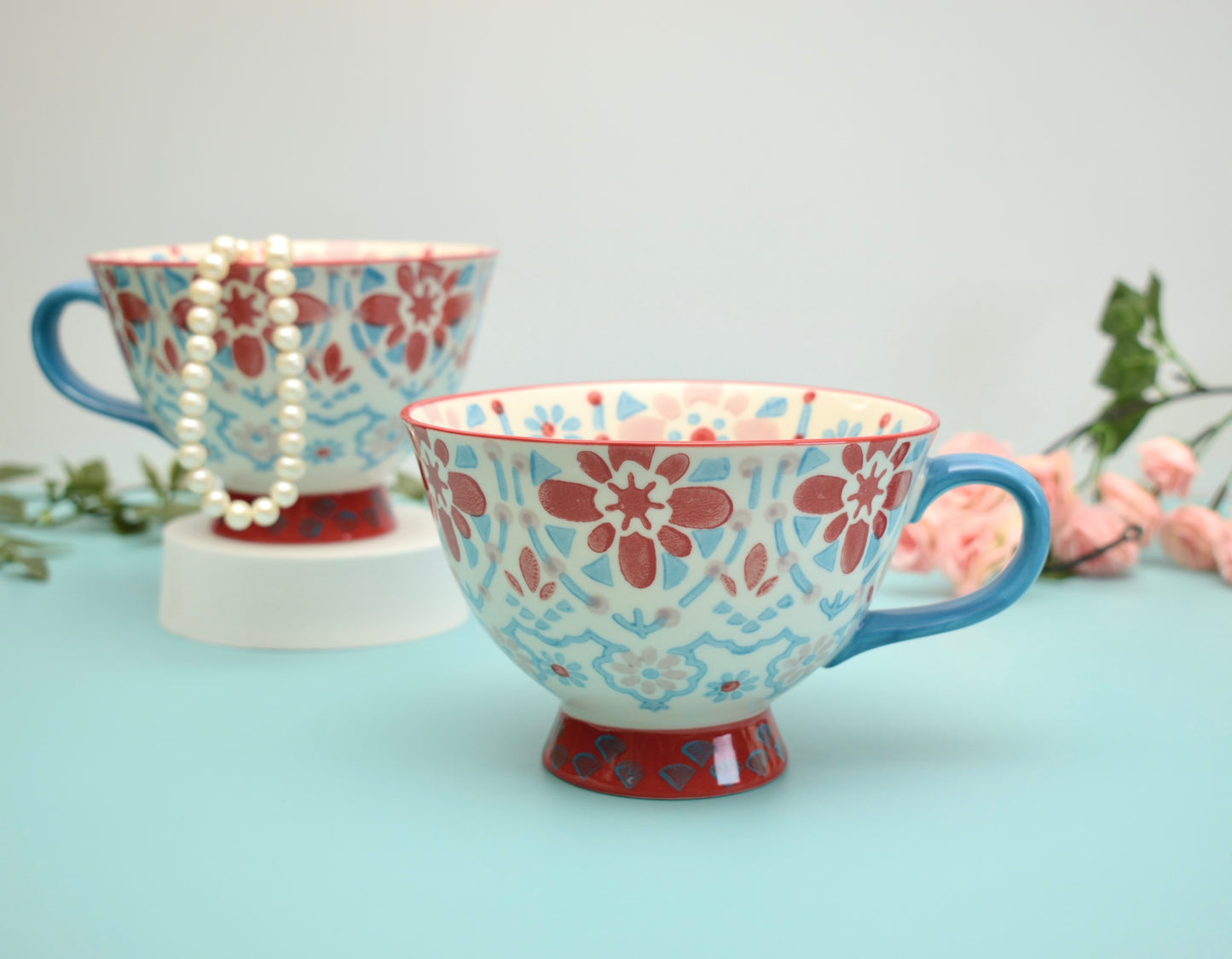 'Boho' Ceramic Big Coffee Mug Red & Blue