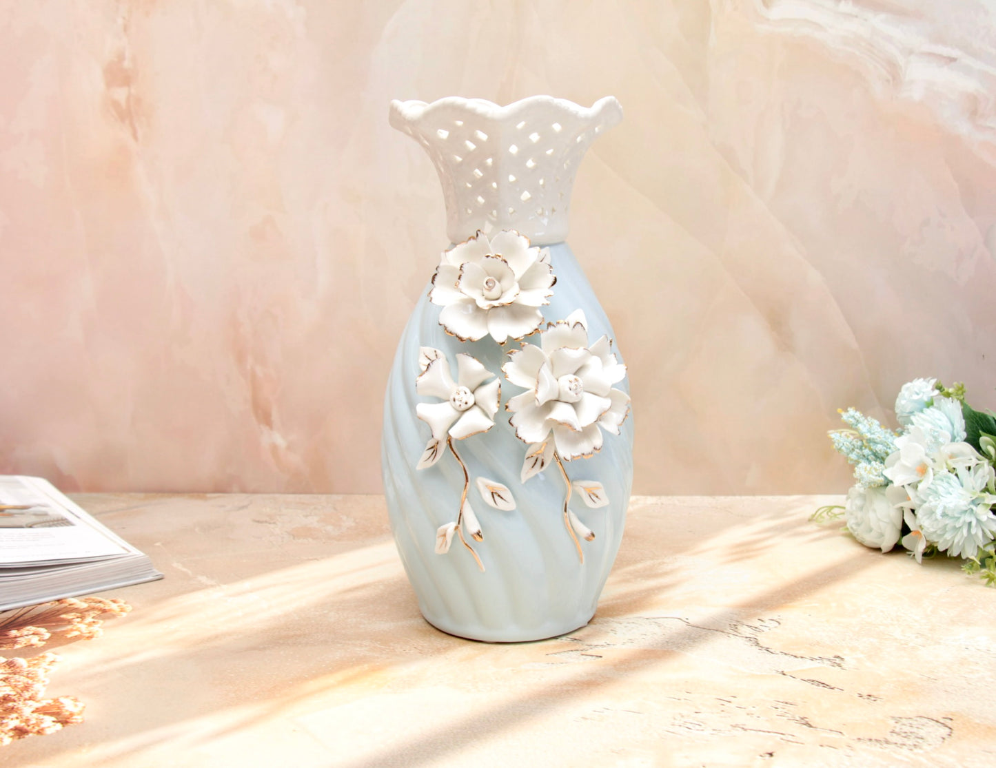 'Grace' Blue Ceramic Floral Vase, Large