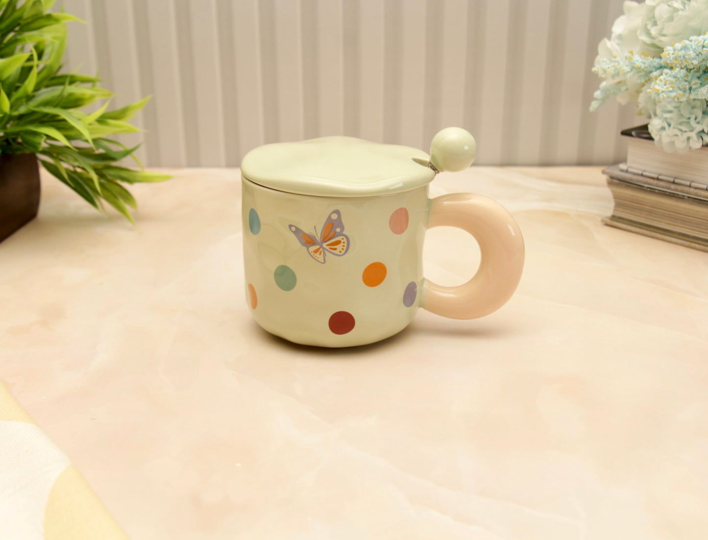 'Polka Dots' Ceramic Coffee Mugs - Green