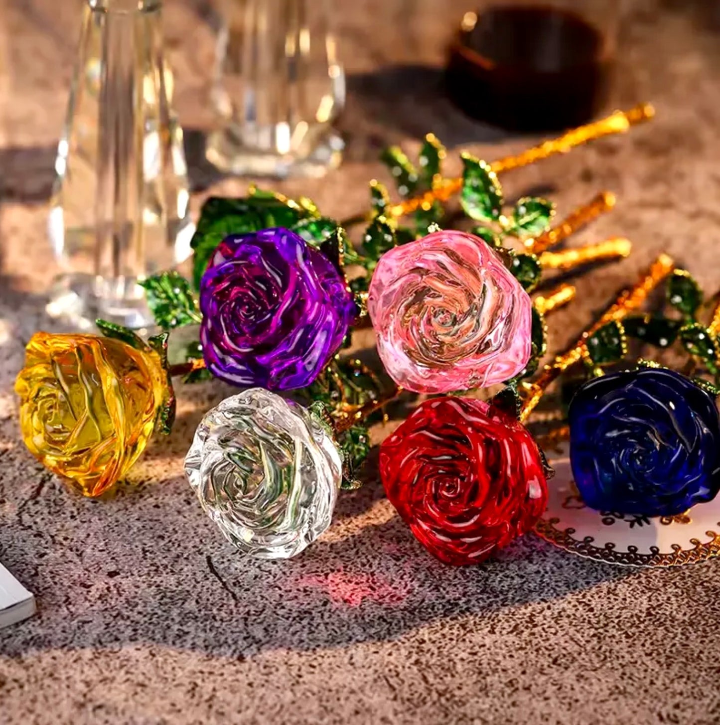 'Primrose' Glass Crystal Rose w Vase - Blue