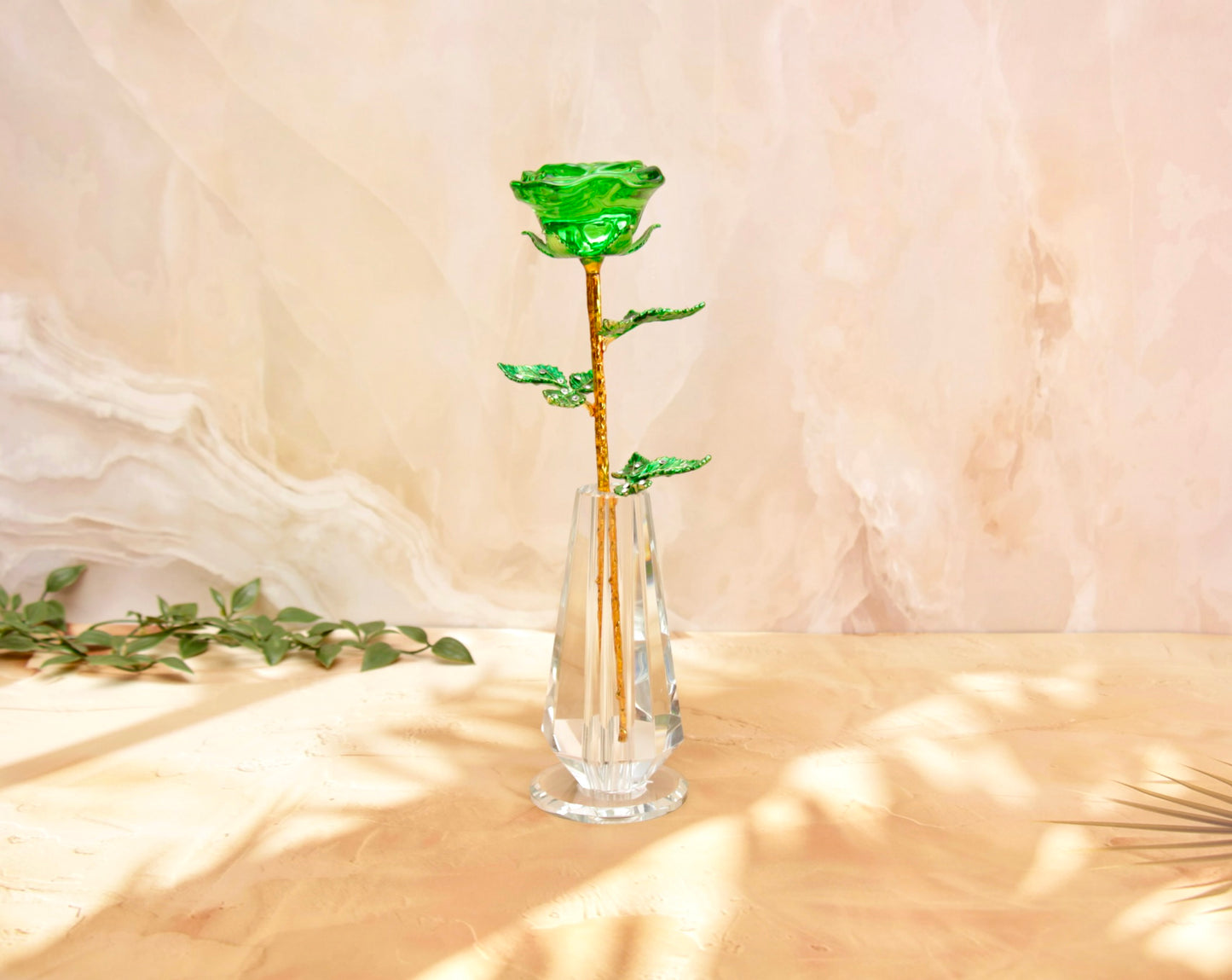 'Primrose' Crystal Rose w Glass Vase - Green