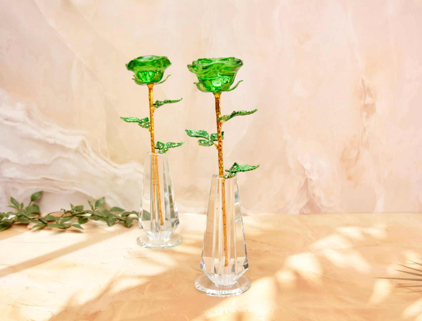 'Primrose' Crystal Rose w Glass Vase - Green