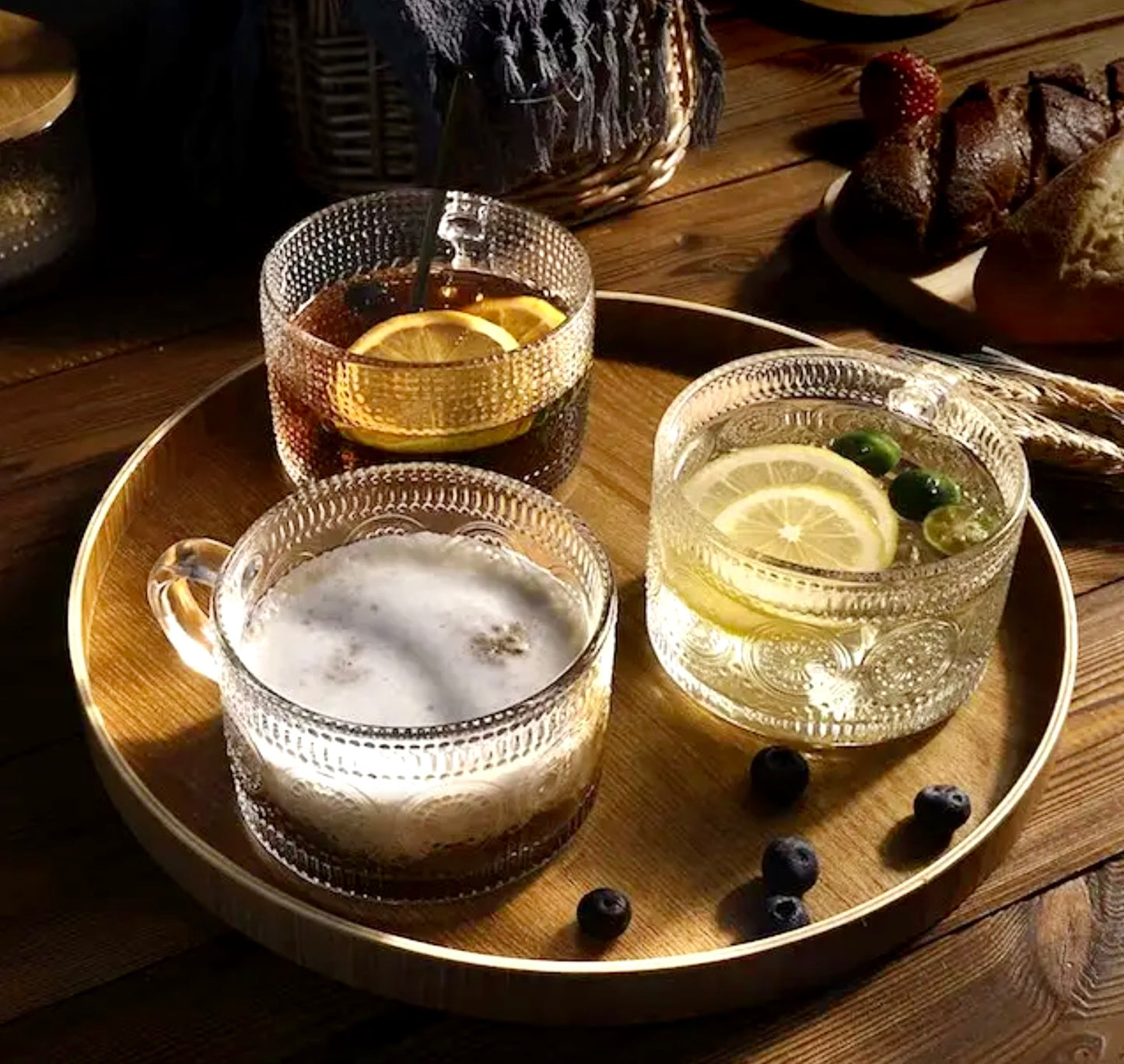 'Coral' Glass Cups - Set of 2, Gold Rim
