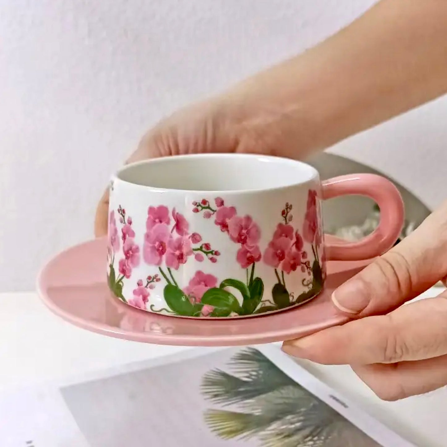 'Pink Meadows' Ceramic Cup & Saucer, Set Of 1