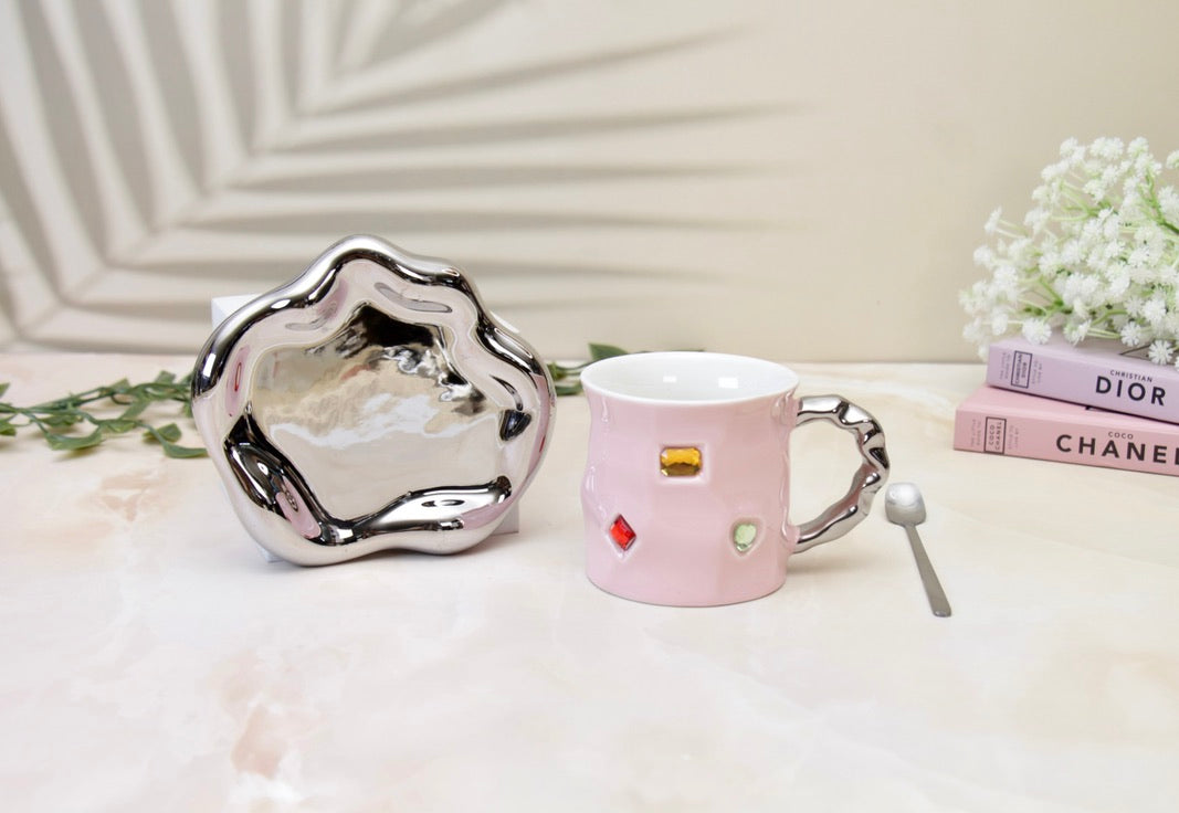 'Crystal' Ceramic Bejewelled Cup n saucer Set - Pink