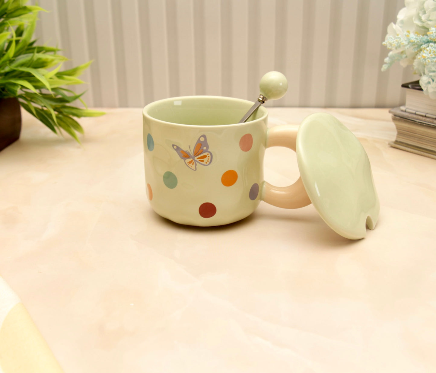 'Polka Dots' Ceramic Coffee Mugs - Green