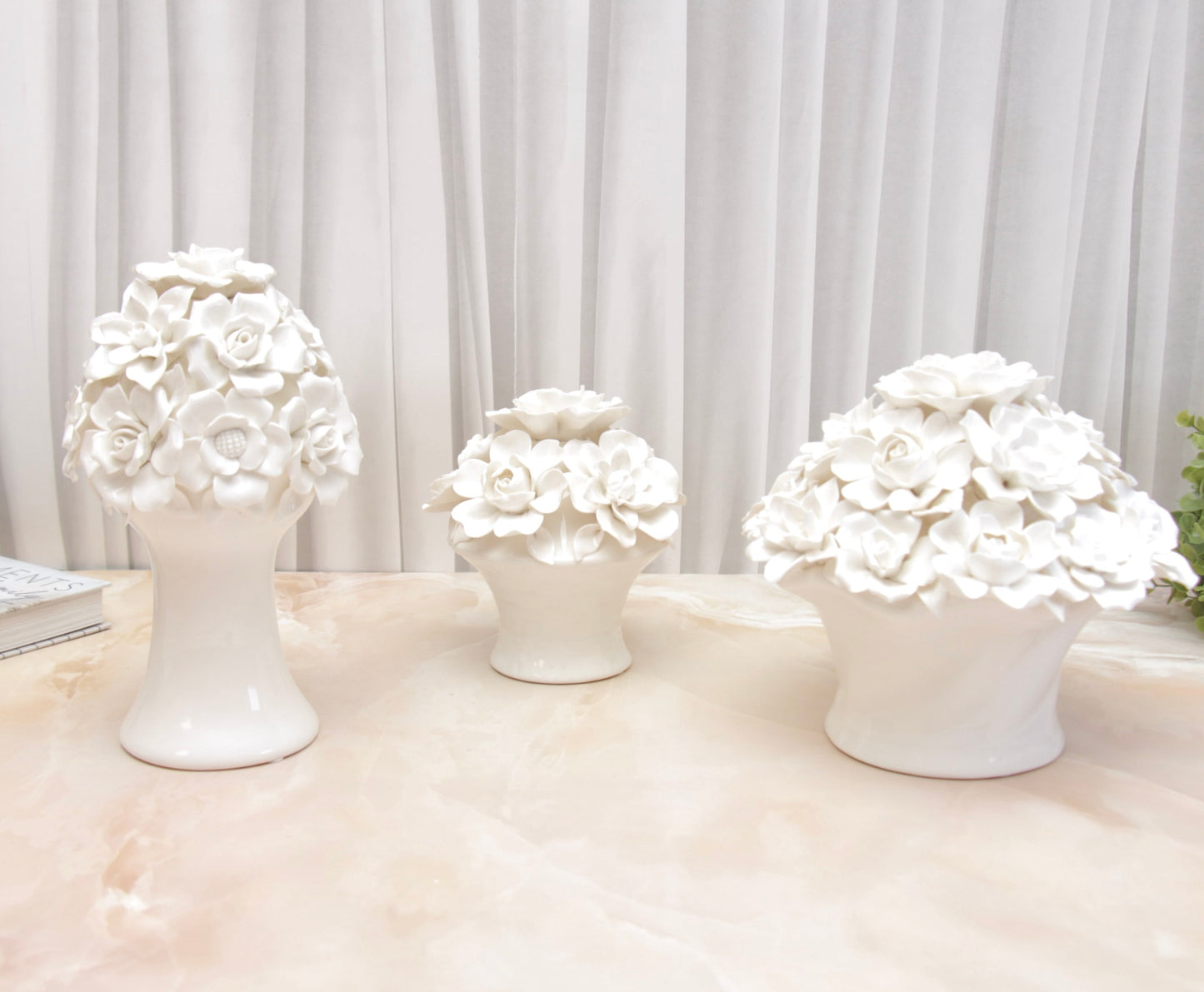 'Anastasia' White Roses Ceramic Bouquet | Vase | Centerpiece, Long