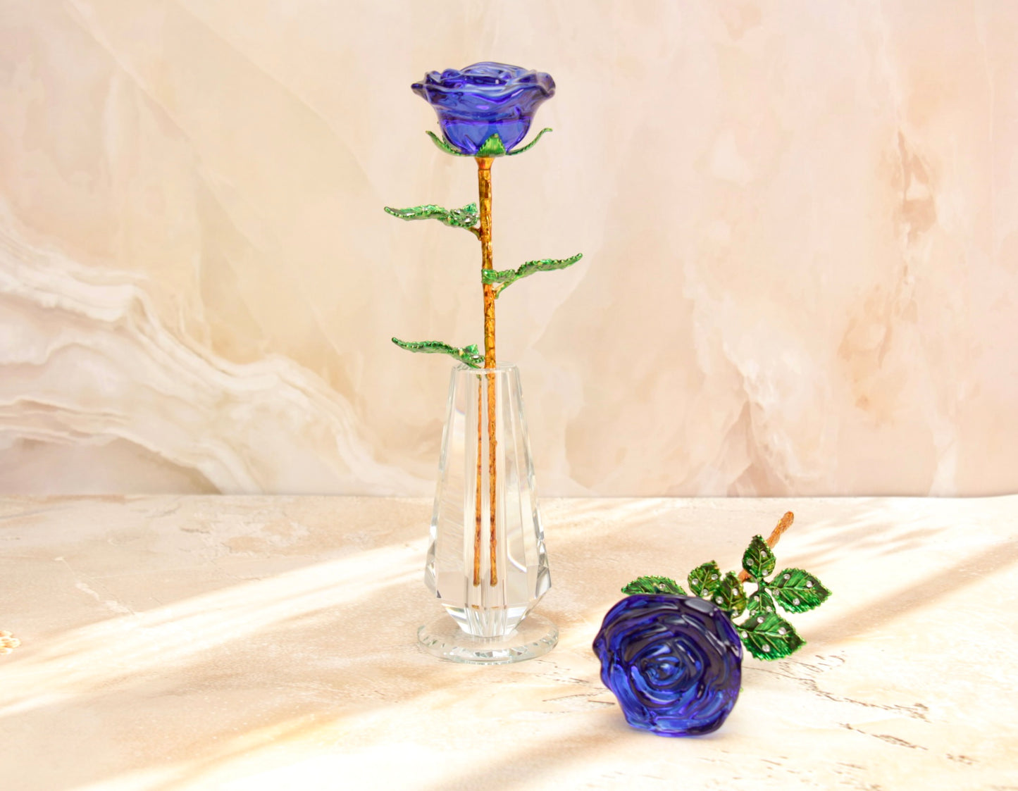 'Primrose' Glass Crystal Rose w Vase - Blue