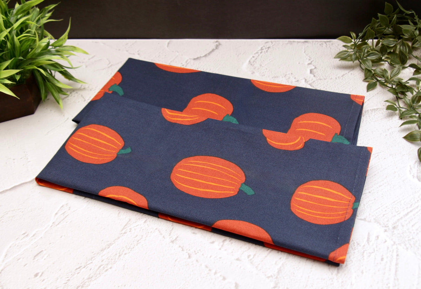 'Pumpkin' Printed Kitchen Towels Blue, Set of 2