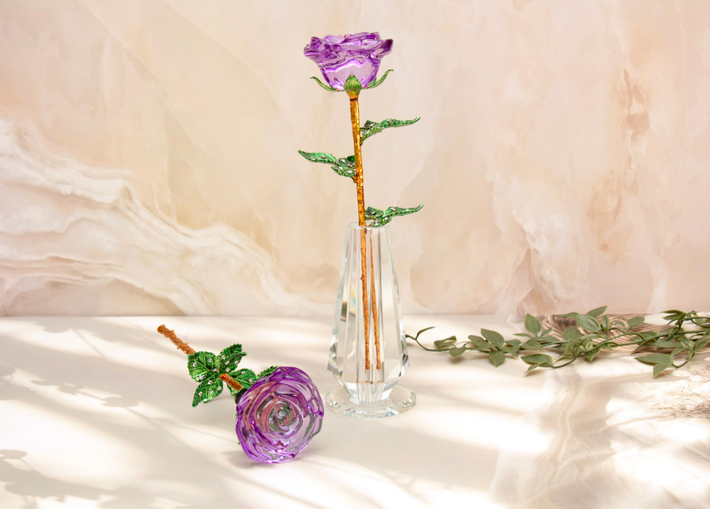 'Primrose' Crystal Rose w Vase - Purple