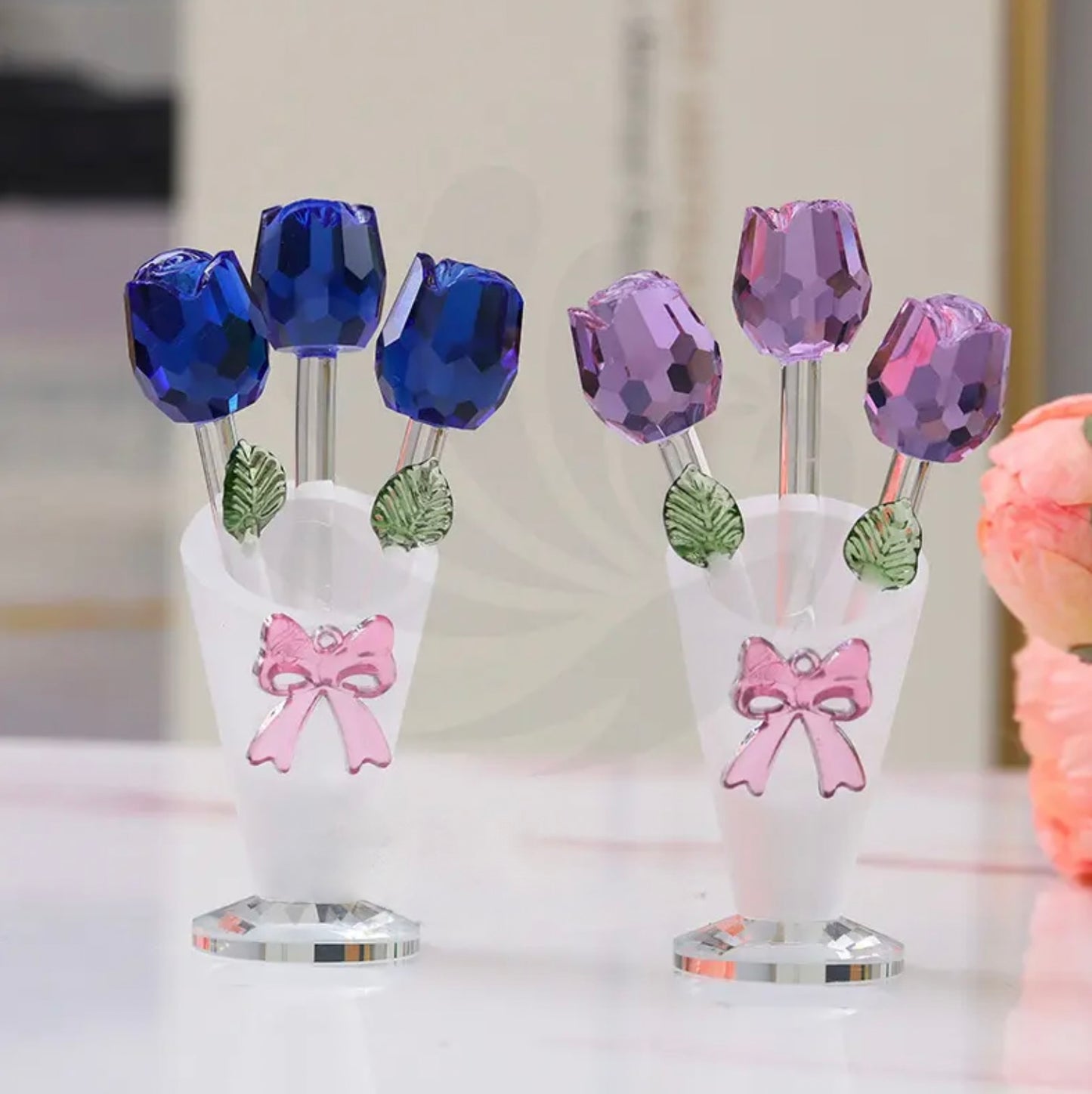 'Serenity' Crystal Glass Three Roses - Blue