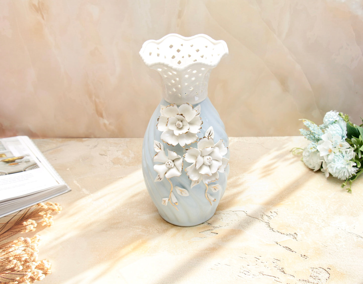 'Grace' Blue Ceramic Floral Vase, Large