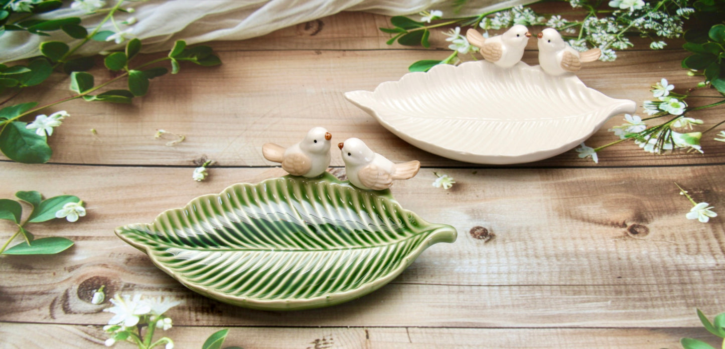 'Bird on a Leaf' Ceramic Dish - White