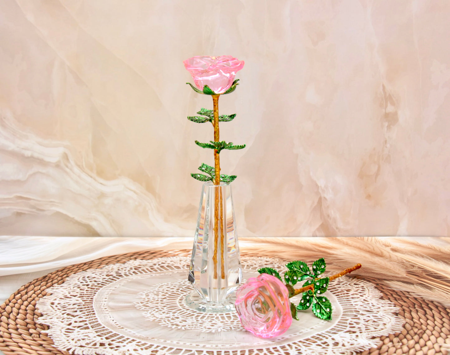 'Primrose' Crystal Rose w Vase - Pink