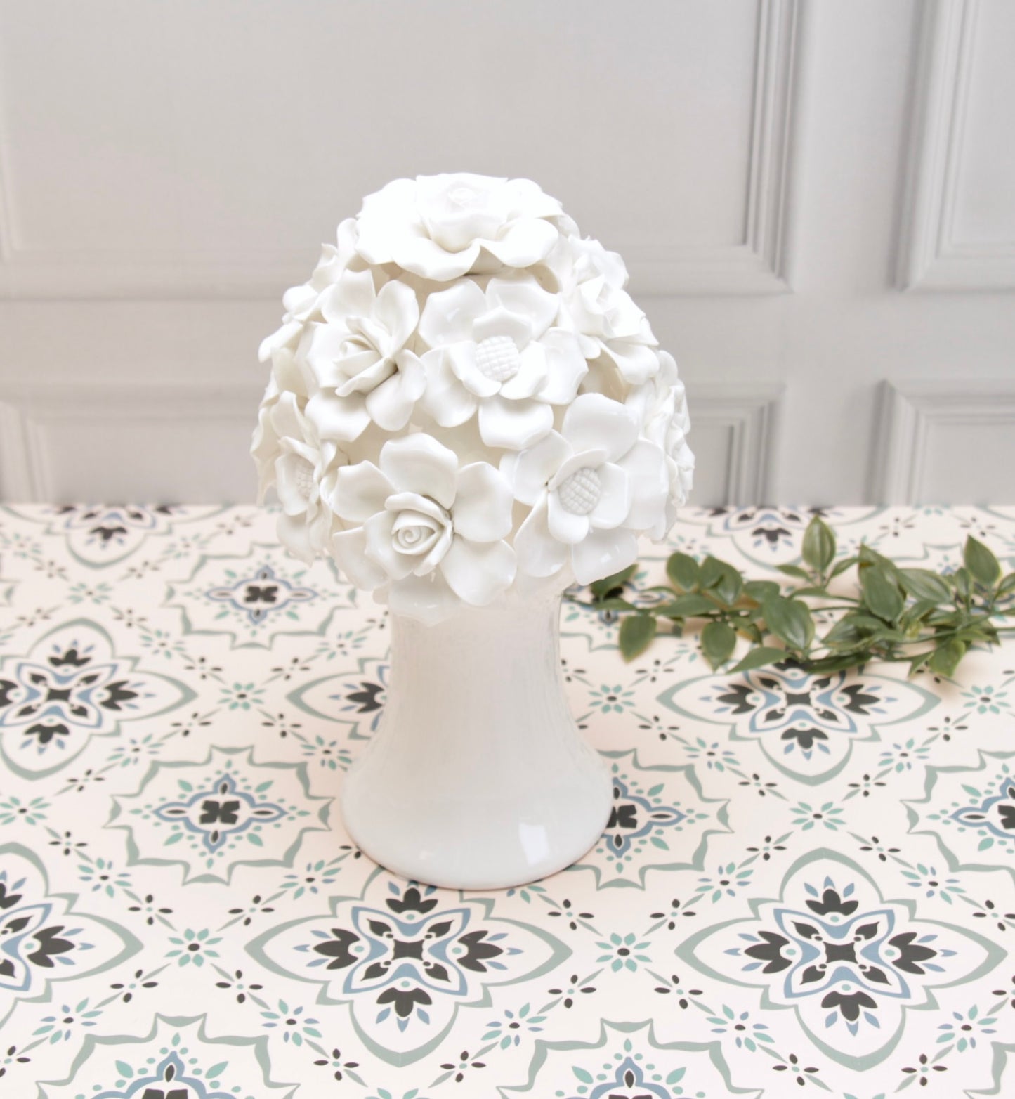 'Anastasia' White Roses Ceramic Bouquet | Vase | Centerpiece, Long