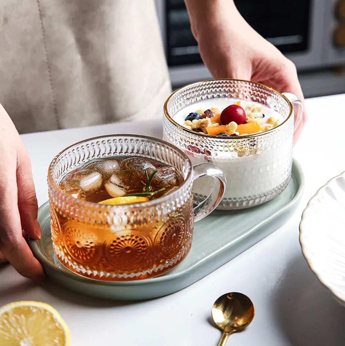 'Coral' Glass Cups - Set of 2, Gold Rim