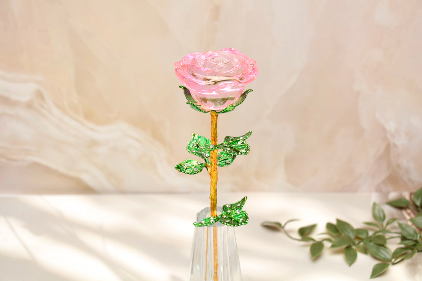 'Primrose' Crystal Rose w Vase - Pink