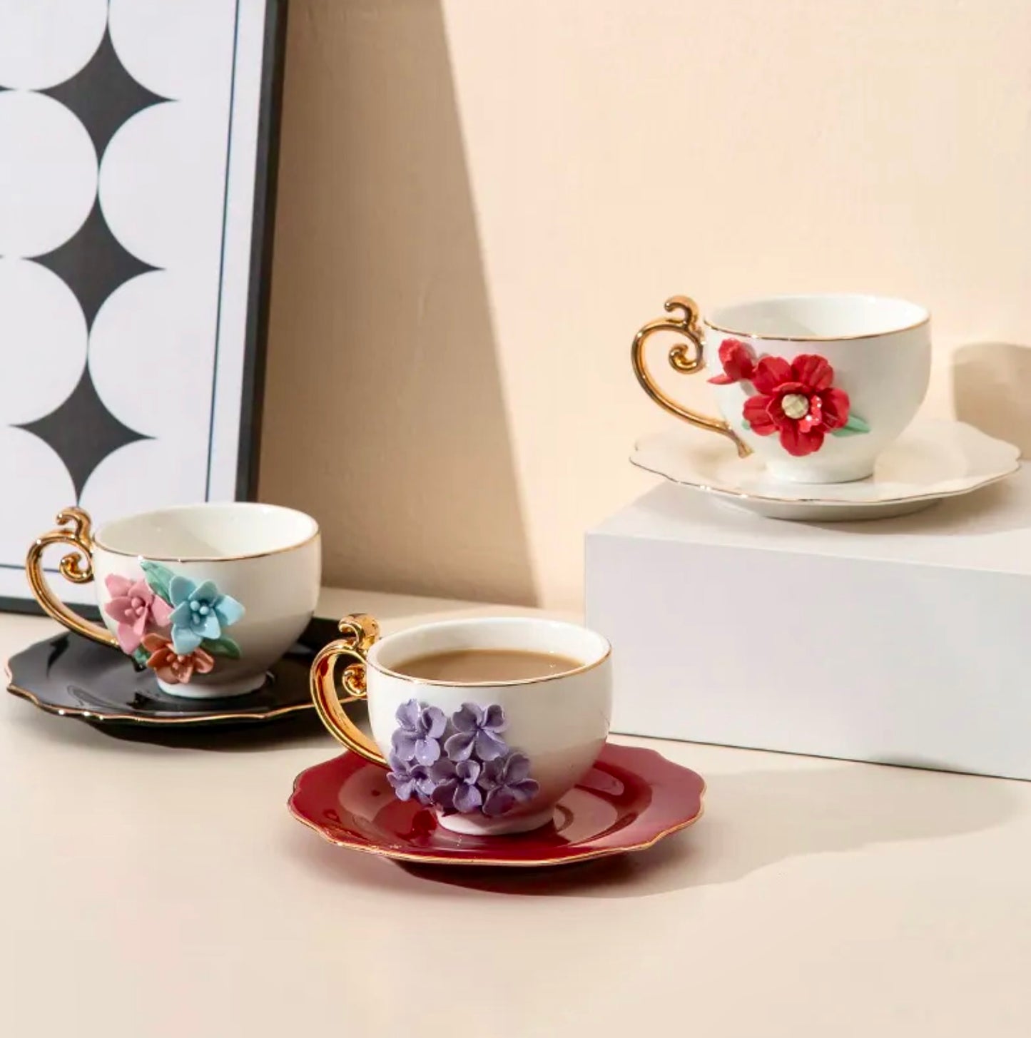 'Amaryllis' Ceramic Espresso Cup n Saucer Set of 1, Small