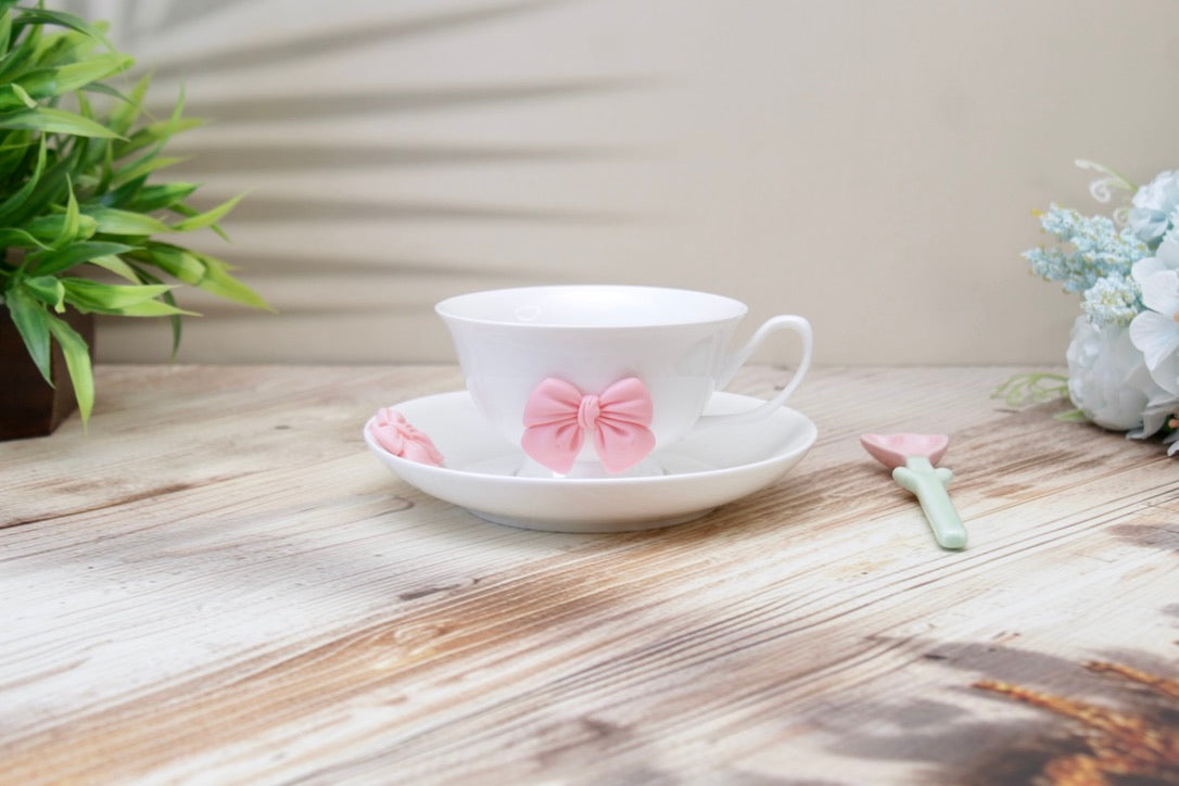 'Bow' Ceramic Cup n Saucer, White