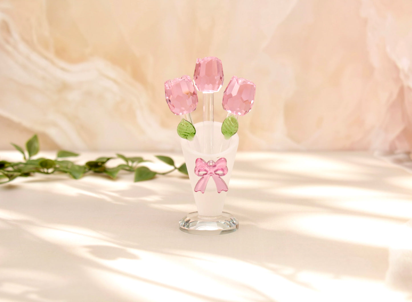 'Serenity' Glass Crystal Three Roses - Pink