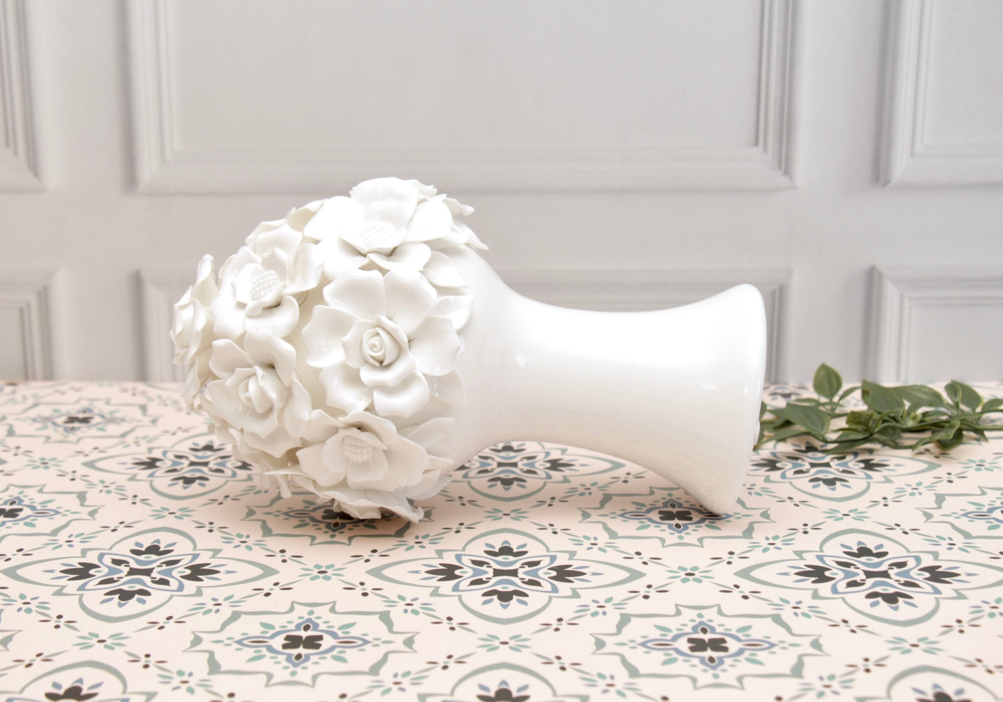 'Anastasia' White Roses Ceramic Bouquet | Vase | Centerpiece, Long