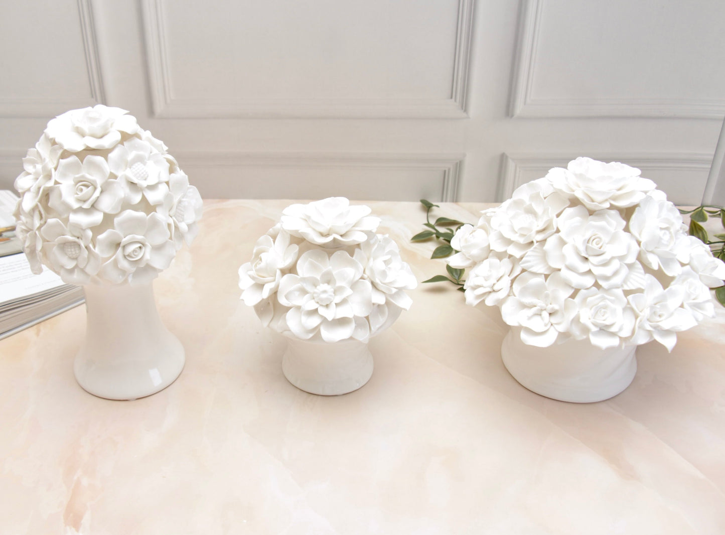 'Anastasia' White Roses Ceramic Bouquet | Vase | Centerpiece, Long