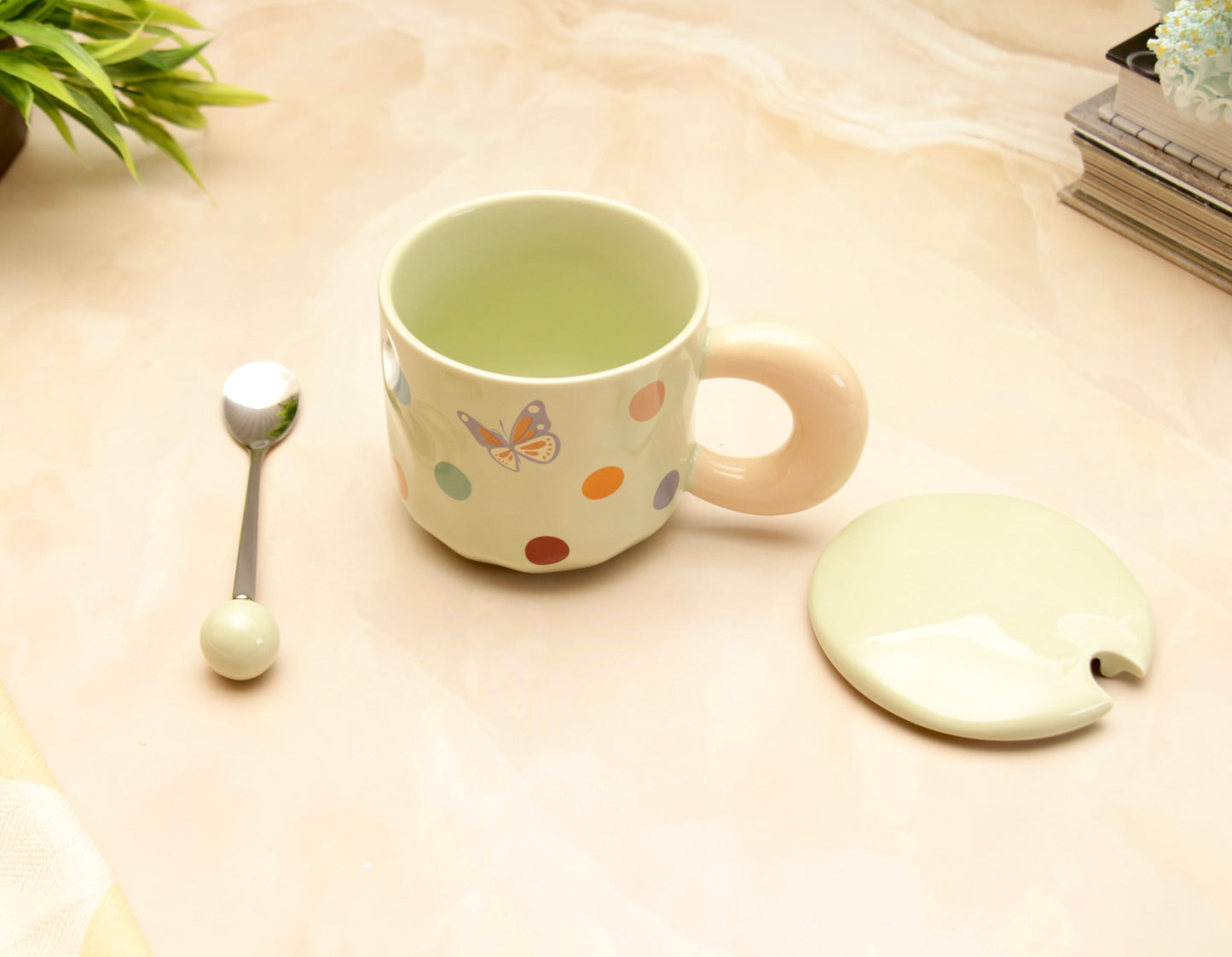 'Polka Dots' Ceramic Coffee Mugs - Green