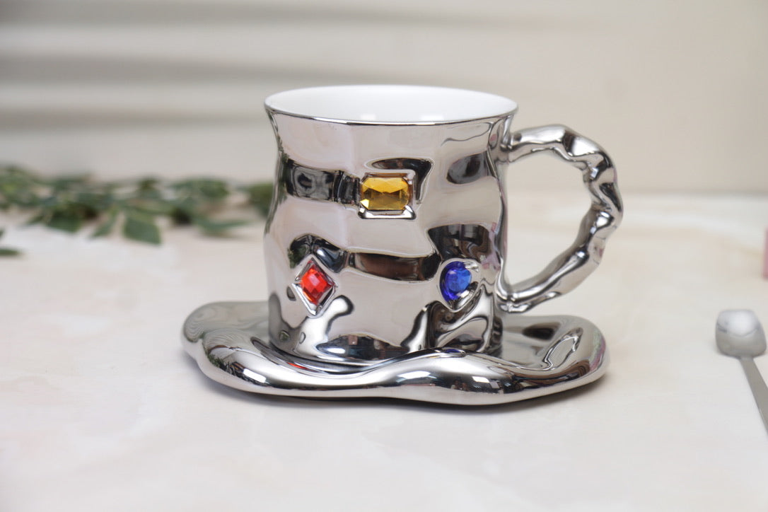 'Crystal' Ceramic Bejewelled Cup n Saucer Set - Black