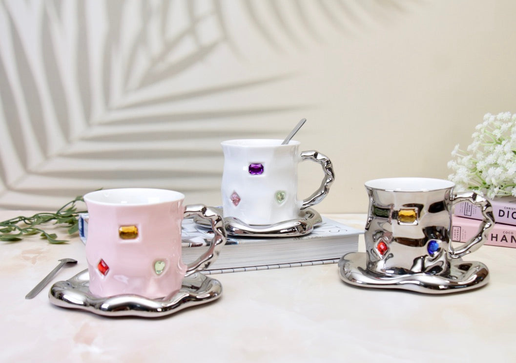 'Crystal' Ceramic Bejewelled Cup n Saucer Set - White