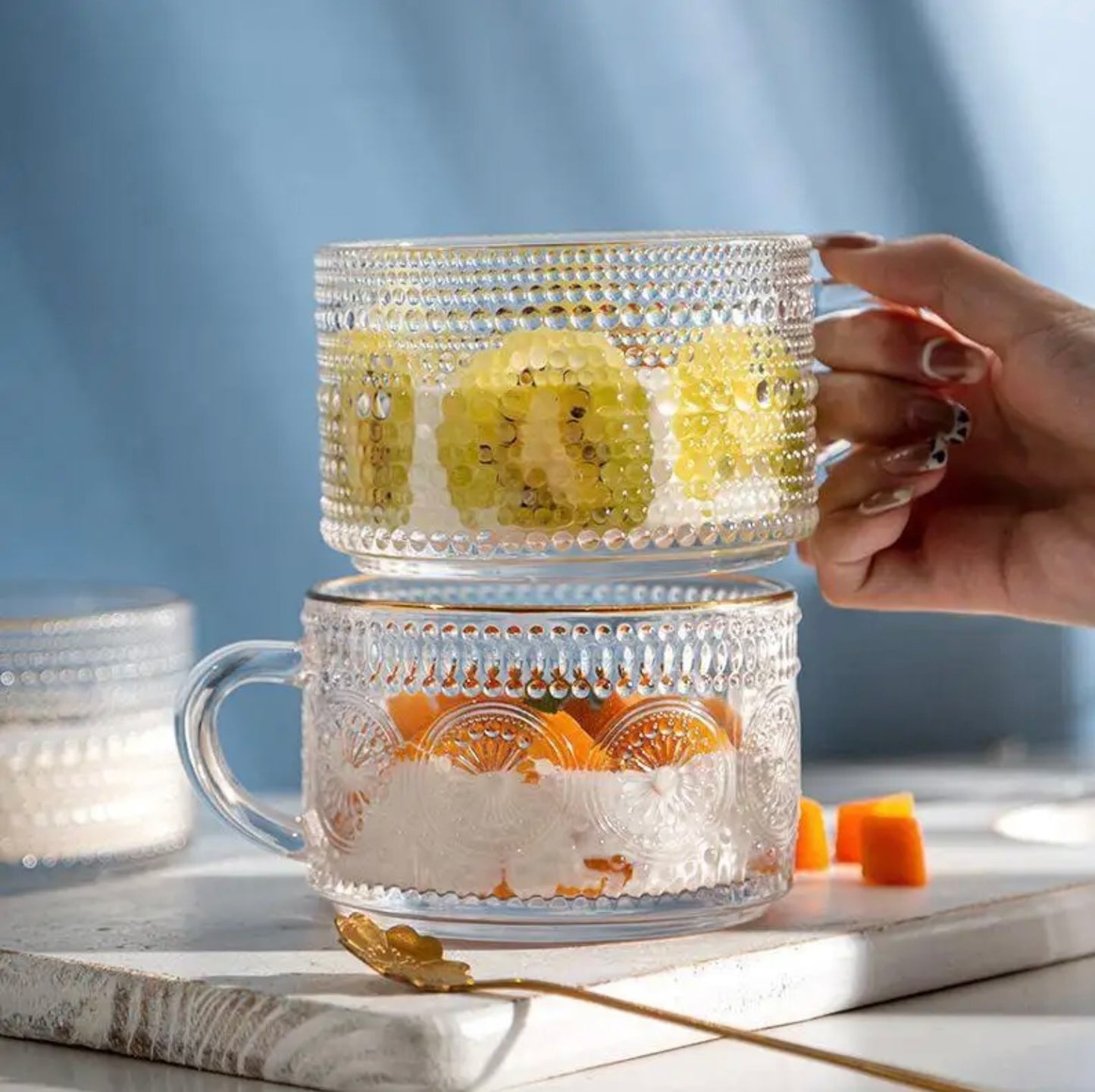 'Coral' Glass Cups - Set of 2, Transparent Rim