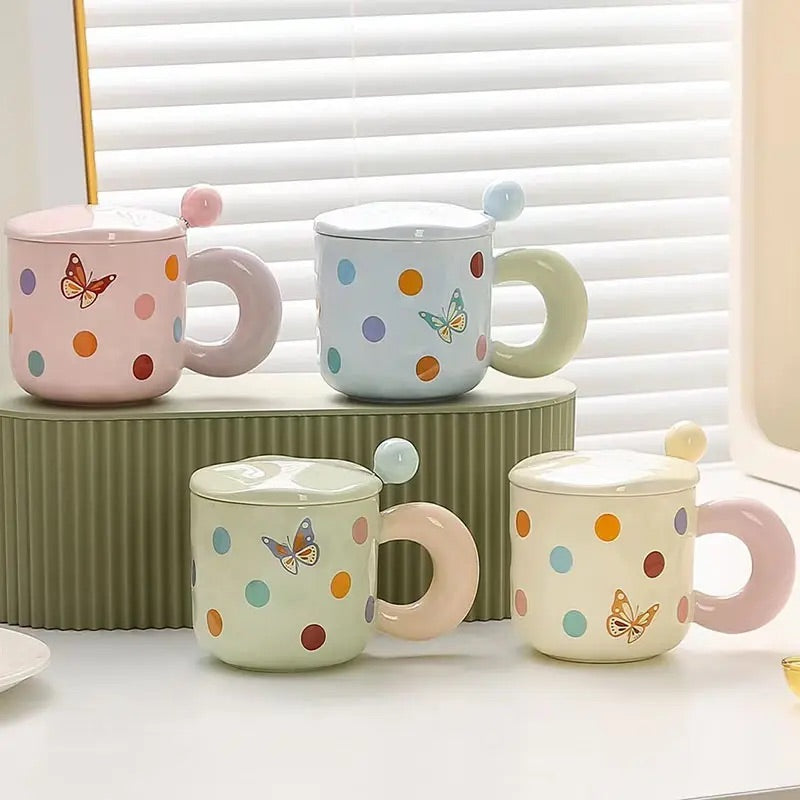 'Polka Dots' Ceramic Coffee Mugs - Green