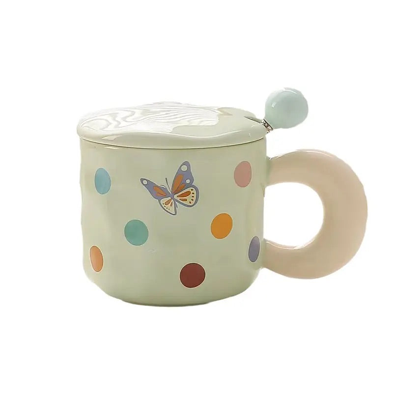 'Polka Dots' Ceramic Coffee Mugs - Green