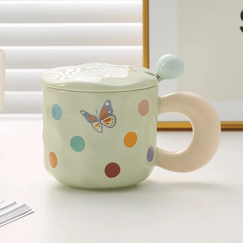 'Polka Dots' Ceramic Coffee Mugs - Green