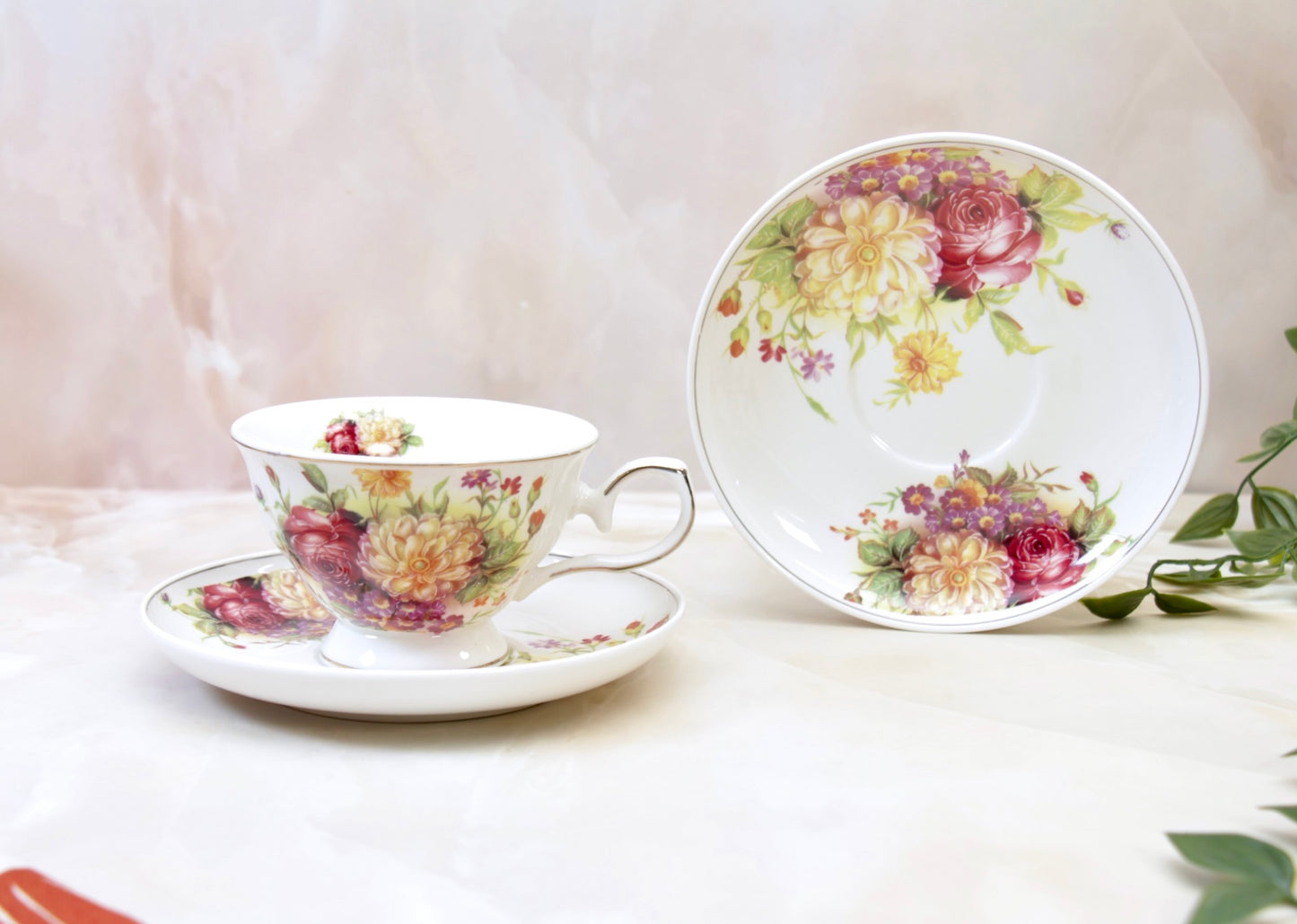 'Wild Roses' Porcelain Cup & Saucer | Gold Rim | Set of 2