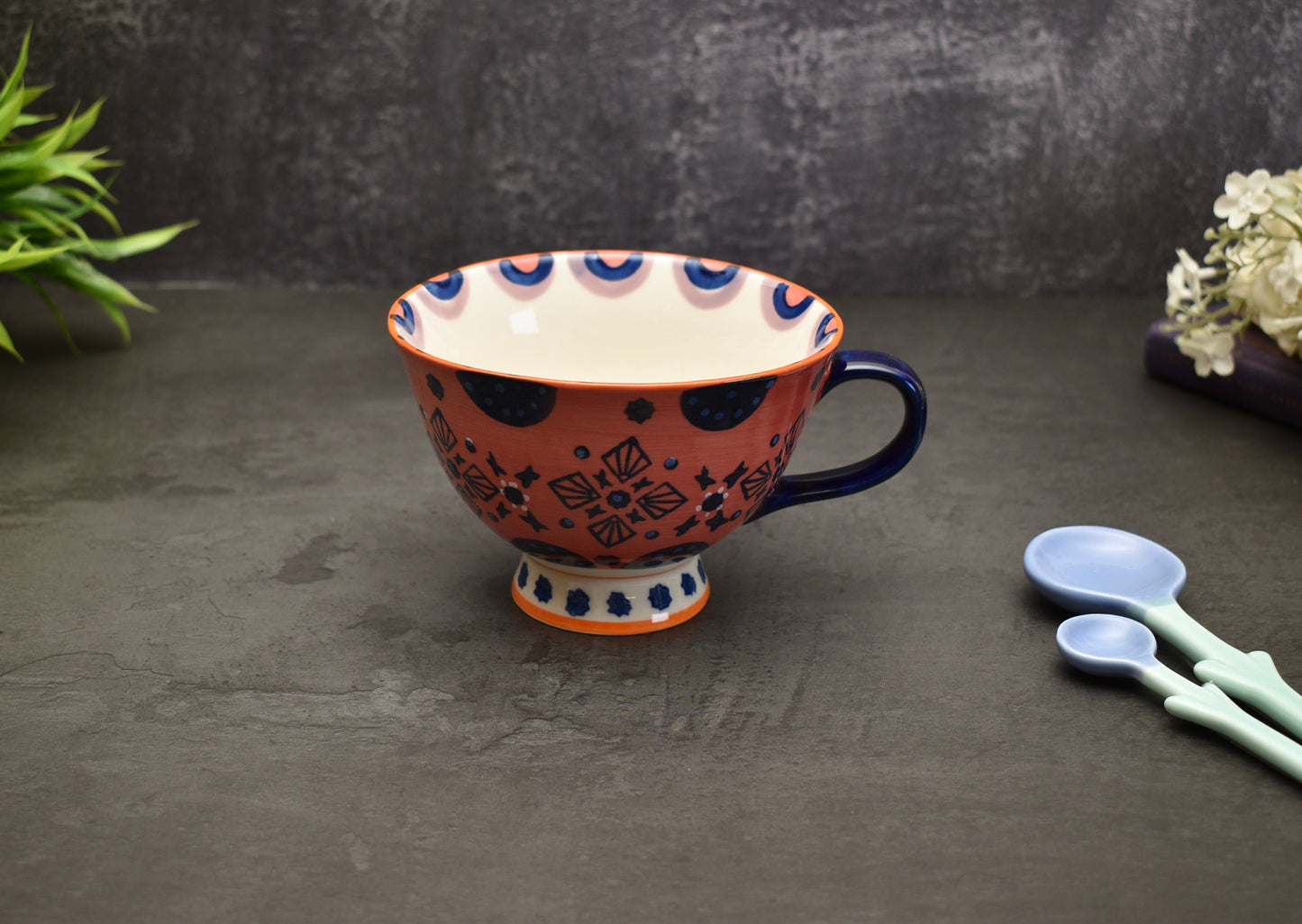 'Boho' Ceramic Big Coffee Mug Orange & Blue - Peppylittlethings.com