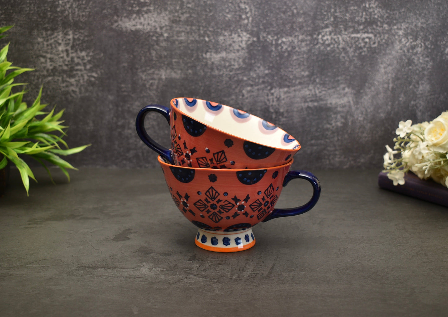 'Boho' Ceramic Big Coffee Mug Orange & Blue - Peppylittlethings.com