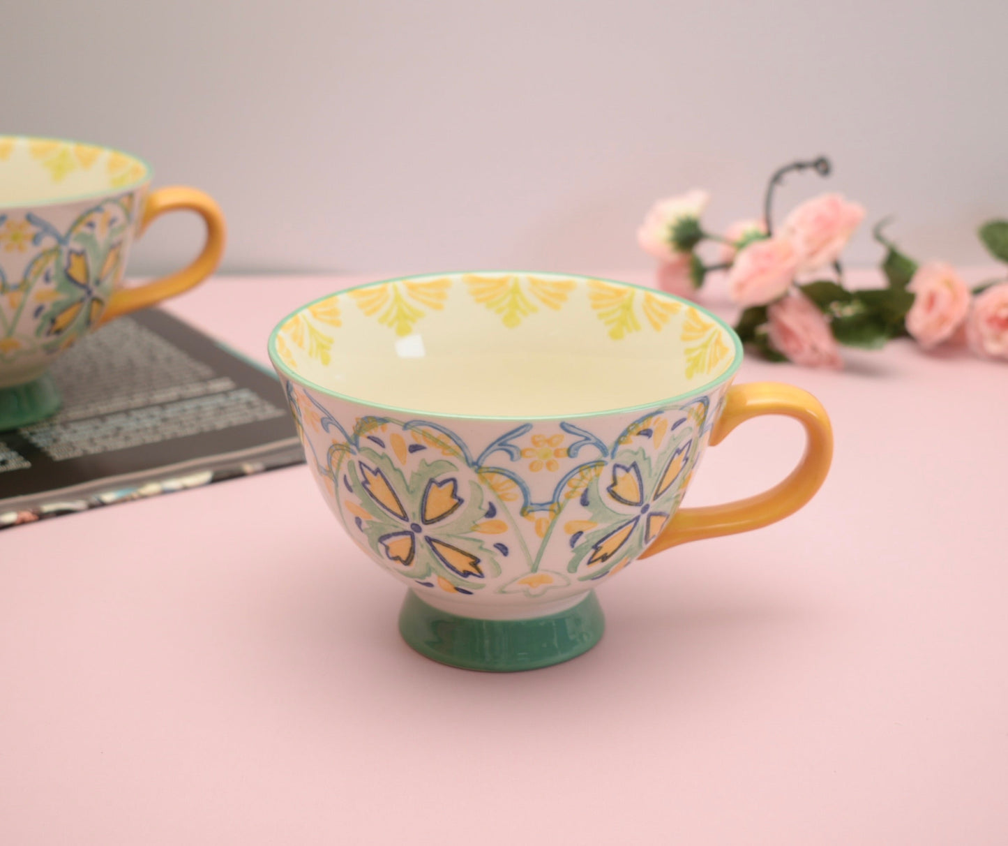'Boho' Ceramic Big Coffee Mug Yellow & Green - Peppylittlethings.com