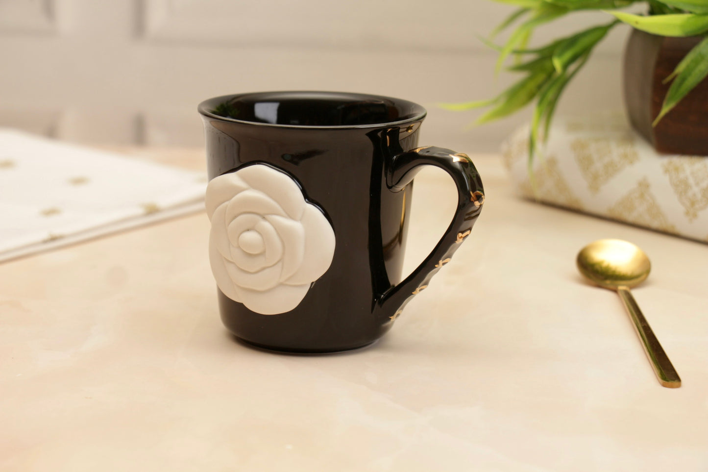 'Chloe' Rose Embossed Coffee Mug - Black