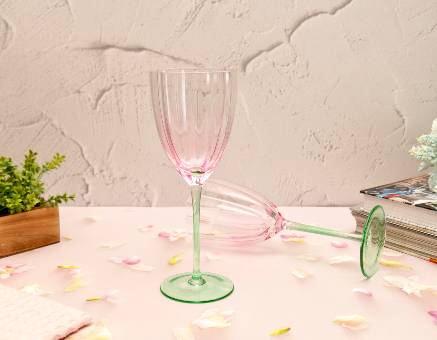 'Cherry Blossom' Pink n Green Champagne Glasses - Set of 2