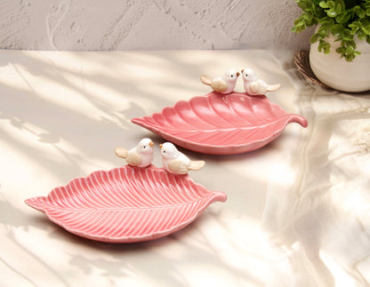 'Bird on a Leaf' Ceramic Dish - Pink