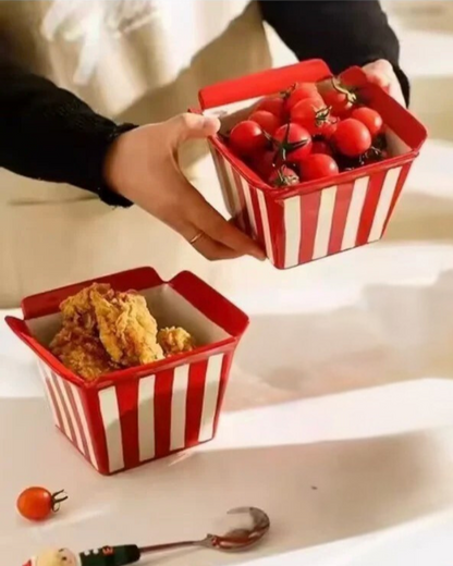 Red Striped Ceramic Popcorn Bowl, 400ml