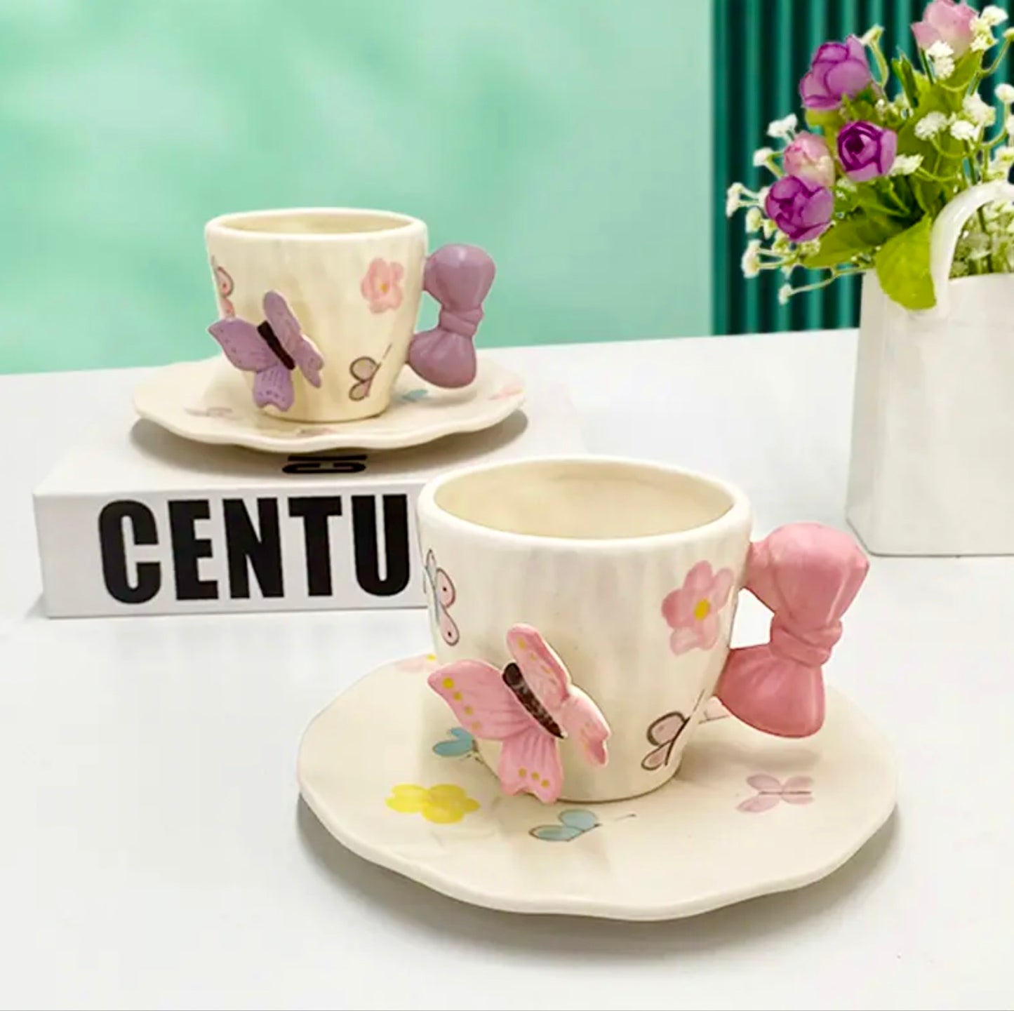 'Pink Butterfly' Ceramic Cup & Saucer, Set Of 1