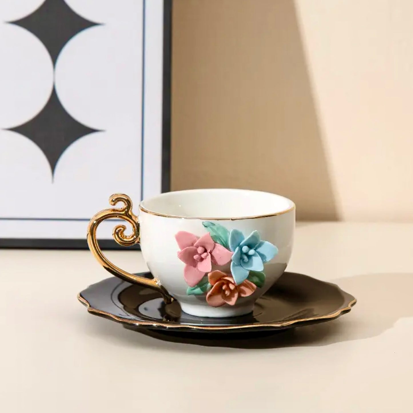 'Amaryllis' Ceramic Espresso Cup n Saucer Set, Small